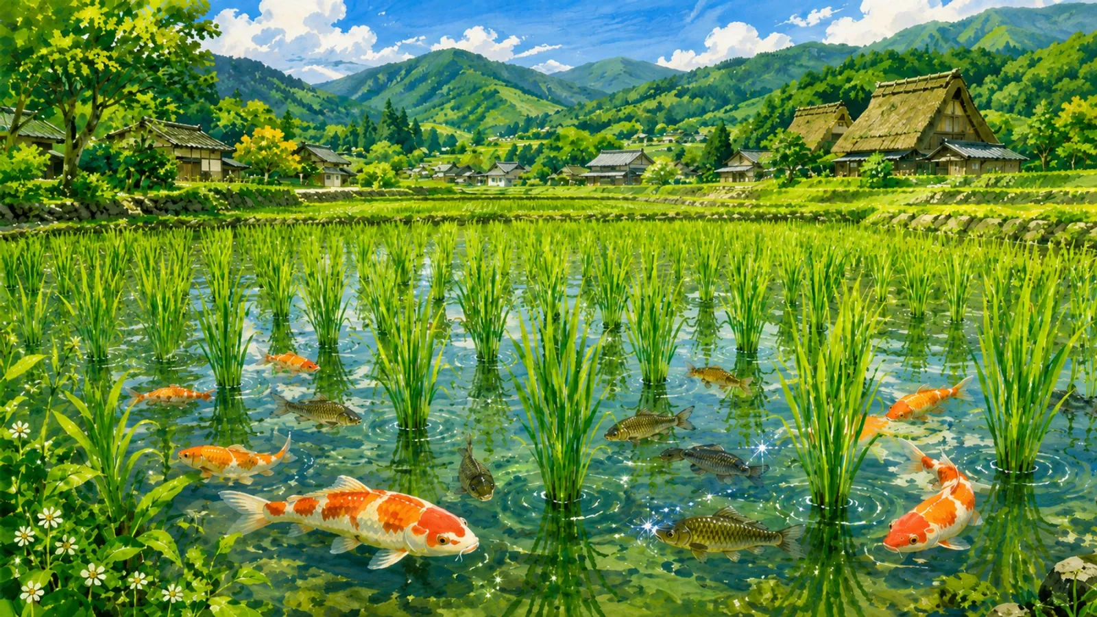 水をたたえた田と山あいの里山風景